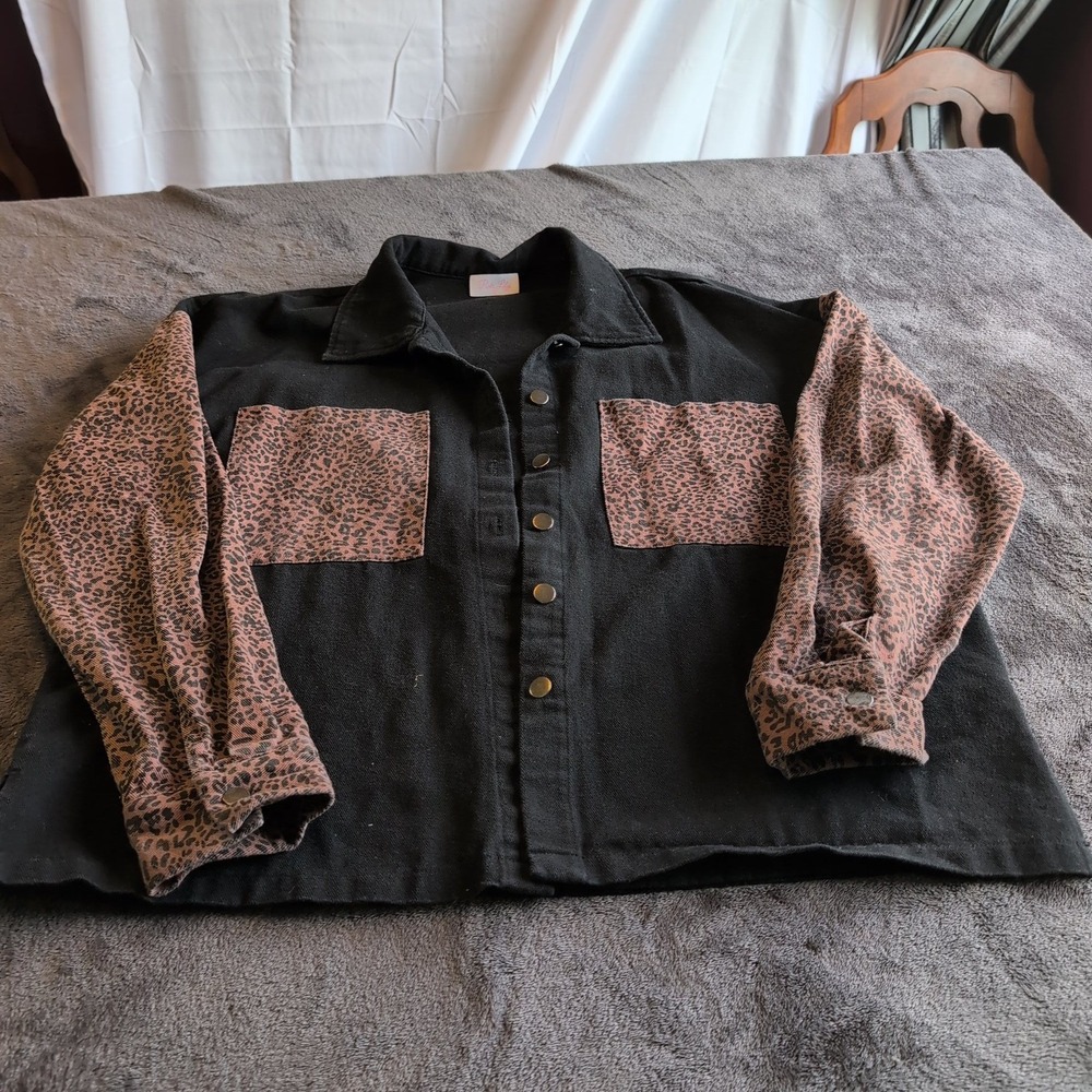 Pink Lily Leopard Print Colorblock Button Down Shirt Black PL707 Womens Large
